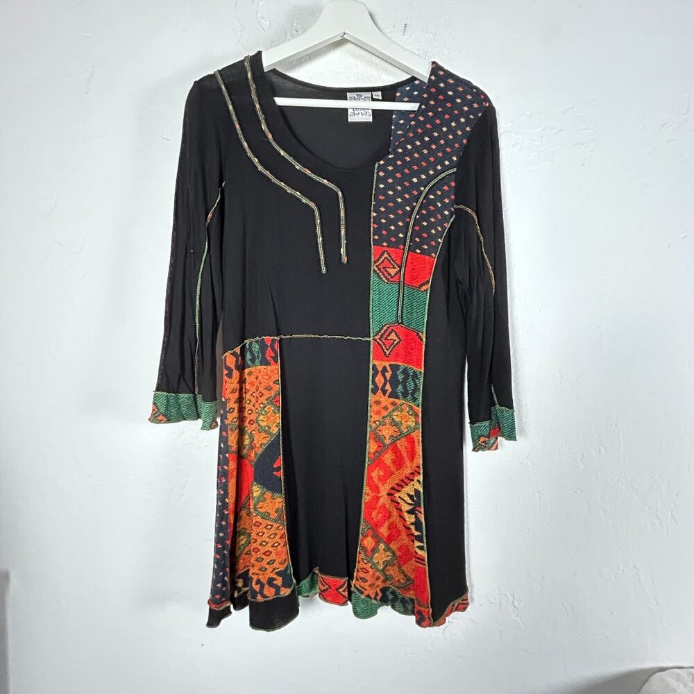 Parsley & Sage Womens Patchwork Tunic Top Medium Black Multicolor 3/4 Sleeve
